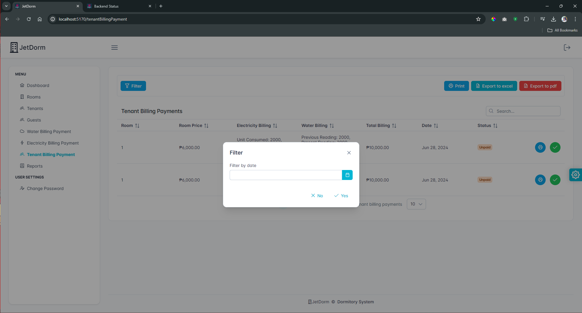 Filter Tenant Billing Payments Picture