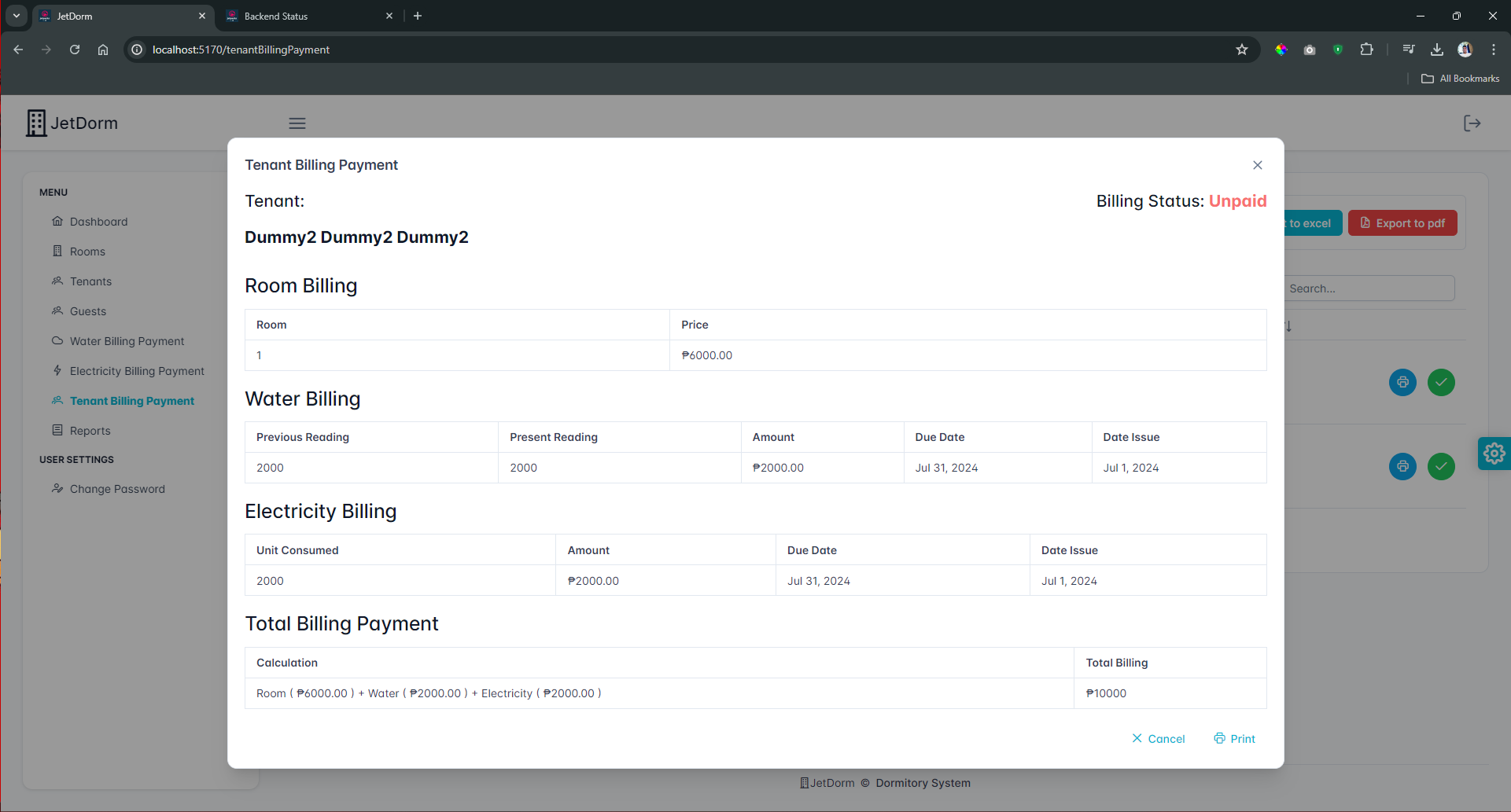 Print Tenant Billing Payment Picture